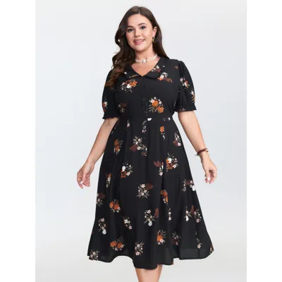 Bloomchic Women's Plus Size Retro Floral Print Cinched-waist Midi Dress Blackflower Floral Midi Elegant Gather