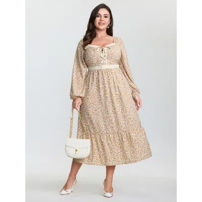 Bloomchic Women's Plus Size Retro Floral Print Lace Trim Midi Dress Yellowishbrown Ditsy Floral Midi Elegant L