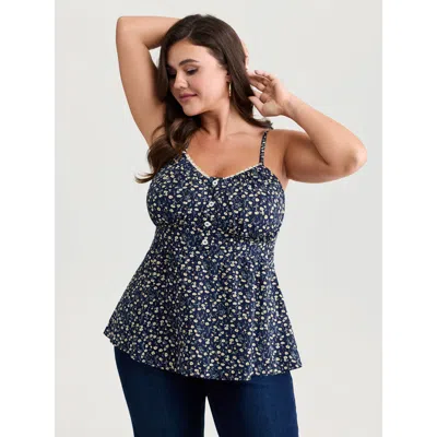 Bloomchic Women's Plus Size Retro Floral Print Lace Trim Tank Top Darkblue Elegant A-line 10/m In Blue