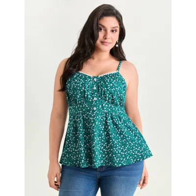 Bloomchic Women's Plus Size Retro Floral Print Lace Trim Tank Top Emerald Elegant A-line 18-20/2x In Green