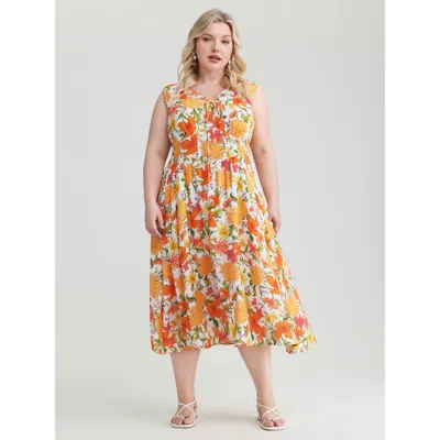 Bloomchic Women's Plus Size Retro Floral Print Shirred Waist Midi Dress Multicolor Ditsy Floral Midi Elegant K