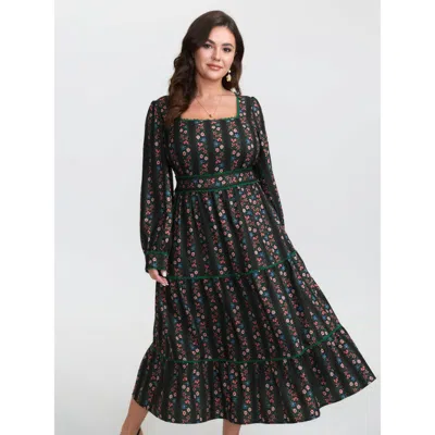 Bloomchic Women's Plus Size Retro Floral Stripe Tiered Midi Dress Black Ditsy Floral Midi Elegant Colorblock 3