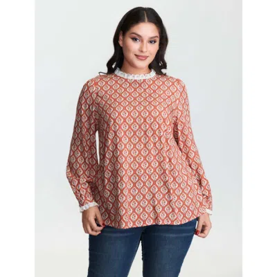Bloomchic Women's Plus Size Retro Geometric Floral Print Round Neck Blouse Rust Floral Elegant Long Sleeve 26/ In Brown