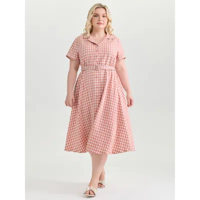Bloomchic Women's Plus Size Retro Gingham Print Collared Midi Dress Crepe Plaid Knee Elegant Belted 10/m