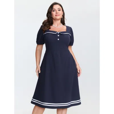 Bloomchic Women's Plus Size Retro Nautical Detail Color Contrast Mini Dress Darkblue Non Knee Elegant Colorblo In Blue