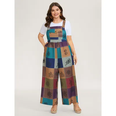 Bloomchic Women's Plus Size Retro Patchwork Print Stretchy Waist Jumpsuit Multicolor Vacation 10/m