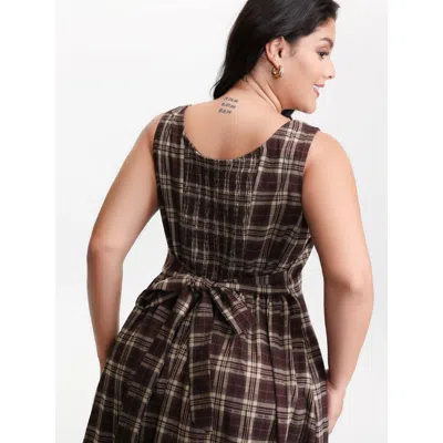 Bloomchic Women's Plus Size Retro Plaid Drop Waist Tie Midi Dress Browncoffeecolor Plaid Midi Elegant Shirred 