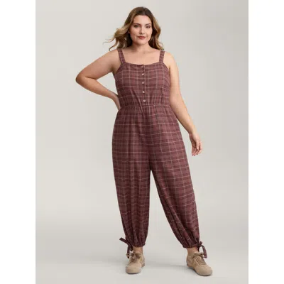 Bloomchic Women's Plus Size Retro Plaid Print Harem Style Jumpsuit Browncoffeecolor Casual 12/l