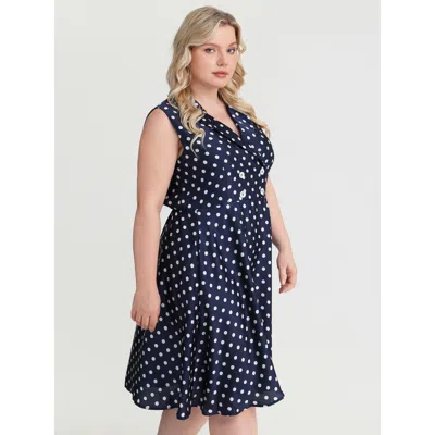 Bloomchic Women's Plus Size Retro Polka Dots Fit And Flare Mini Dress Darkblue Polka Dots Knee Elegant Overlap In Blue