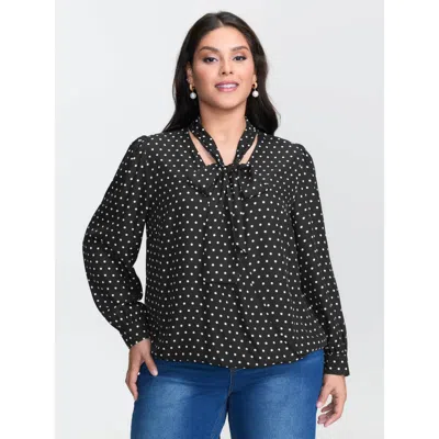 Bloomchic Women's Plus Size Retro Polka Dots Ribbon Neckline Blouse Black Polka Dots Elegant Extra Long Sleeve