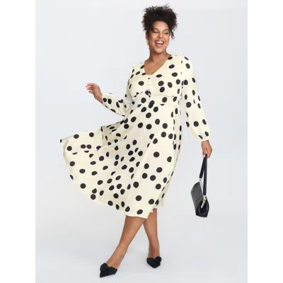 Bloomchic Women's Plus Size Retro Polka Dots Triangular Waist-cinched Midi Dress Apricot Polka Dots Midi Elega In Orange