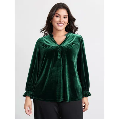Bloomchic Women's Plus Size Retro Velvet A-line Knit Top Darkgreen Long Sleeve Elegant 22-24/3x In Green