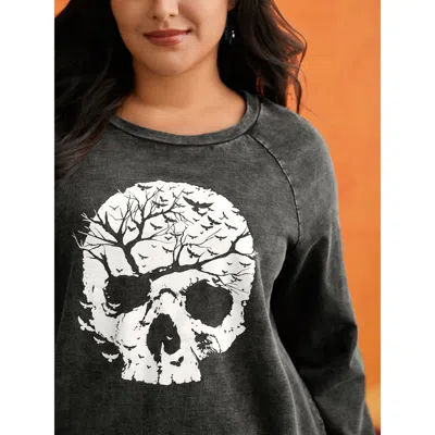 Bloomchic Women's Plus Size Retro Wash Cotton Sweatshirt Black Graphic-halloween Casual 22-24/3x
