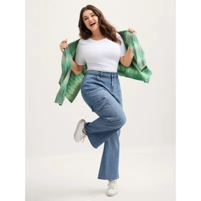 Bloomchic Women's Plus Size Retro Wash Flared Hem Jeans Bluevintage Pocket Flared High Stretch 10/m