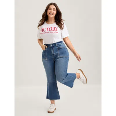 Bloomchic Women's Plus Size Retro Wash Flared Hem Pockets Jeans Midblue Pocket Wide Leg Medium Stretch 10/m