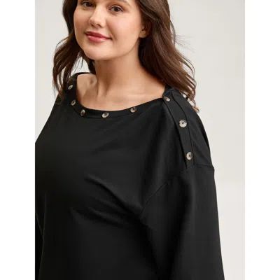 Bloomchic Women's Plus Size Reversible Off-shoulder Button Neck Sweatshirt Black Casual 12/l