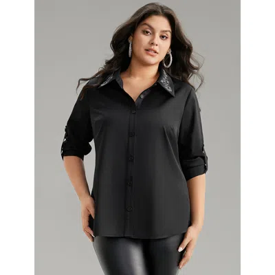Bloomchic Women's Plus Size Rhinestone Button Up Tab Sleeve Blouse Black Festival-christmas 3/4 Sleeve 12/l