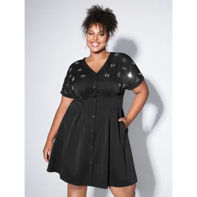 Bloomchic Women's Plus Size Rhinestone Cinched-waist Button Mini Dress Black Else Midi Party Button Front 26/4