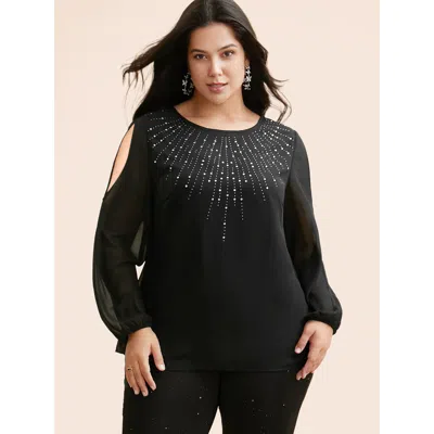 Bloomchic Women's Plus Size Rhinestone Cut Out Lantern Sleeve Blouse Black Non Party Long Sleeve 12/l