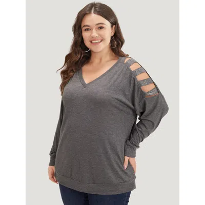 Bloomchic Women's Plus Size Rhinestone Detail Hollow Out V Neck Long Sleeve T-shirt Dimgray Dailywear Long Sle