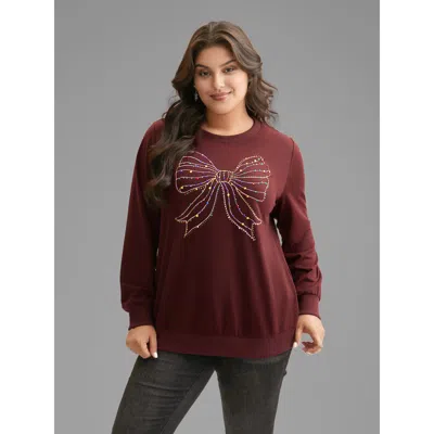 Bloomchic Women's Plus Size Rhinestone Embellished Bow Straight-fit Sweatshirt Deepred Art&design Everyday 14- In Red
