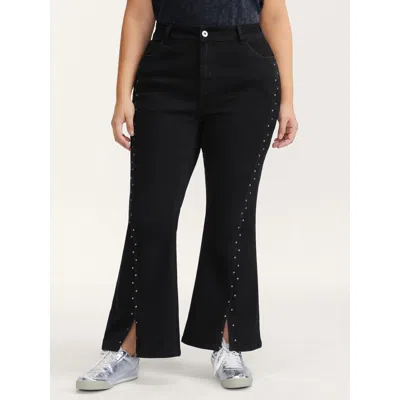 Bloomchic Women's Plus Size Rhinestone Mid-rise Flared Hem Jeans Denimblack Rhinestone Detailing Flared High S In Black