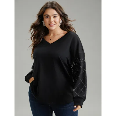 Bloomchic Women's Plus Size Rhinestone Plain Drop Shoulder Sweatshirt Black Galaxy Dailywear 18-20/2x