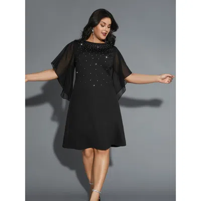 Bloomchic Women's Plus Size Rhinestone Ruffle Sleeve Mesh Patchwork Dress Pureblack Party Mini Rhinestone Deta