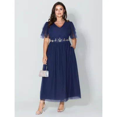 Bloomchic Women's Plus Size Rhinestone Triangular Mesh Cinched-waist Maxi Dress Navy Solid Maxi Party Tiered 1 In Blue