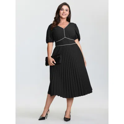 Bloomchic Women's Plus Size Rhinestone Trim Stitch Plicated Detail Midi Dress Black Solid Midi Elegant Colorbl