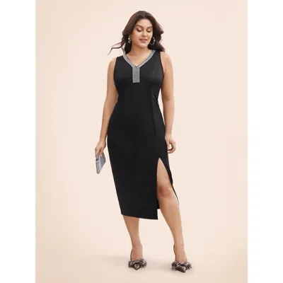 Bloomchic Women's Plus Size Rhinestone V Neck Split Hem Dress Black Non Midi Party Rhinestone Detailing 22-24/