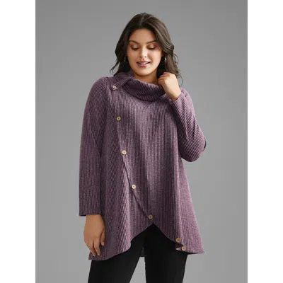 Bloomchic Women's Plus Size Rib Knit Button Detail Wrap Hem Sweatshirt Mauve Casual 12/l In Purple