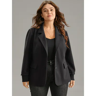 Bloomchic Women's Plus Size Rib Knit Button Up Flap Pocket Suit Collar Blazer Black Plain Rib Knit Sleeve Long