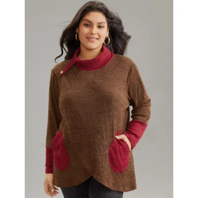 Bloomchic Women's Plus Size Rib Knit Contrast Funnel Neck Patched Pocket Sweatshirt Darkbrown Plain Dailywear  In Brown