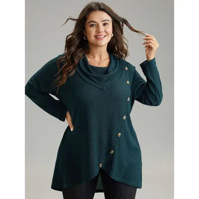 Bloomchic Women's Plus Size Rib Knit Cowl Neck Button Detail Wrap Hem T-shirt Darkgreen Long Sleeve Everyday 1 In Green