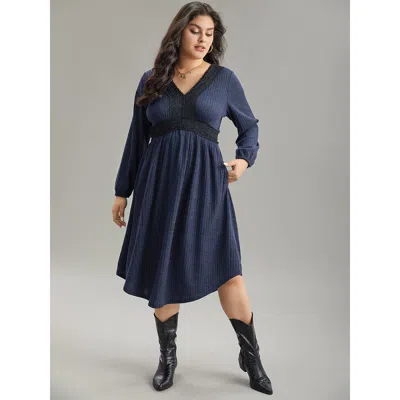 Bloomchic Women's Plus Size Rib Knit Lace Panel Contrast Pocket Dress Darkblue Dailywear Elastic Cuffs 12/l In Blue