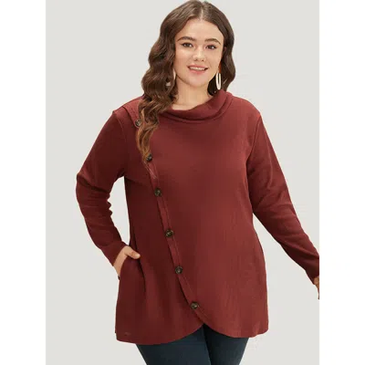 Bloomchic Women's Plus Size Rib Knit Mock Neck Wrap Pocket Button Detail Sweatshirt Scarlet Plain Dailywear 10 In Red