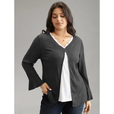 Bloomchic Women's Plus Size Rib Knit Patchwork Guipure Lace Bell Sleeve T-shirt Gray Long Sleeve Everyday 14-1
