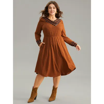 Bloomchic Women's Plus Size Rib Knit Patchwork Plaid Pocket Button Detail Dress Rust Dailywear Rib Knit 30/6x In Brown