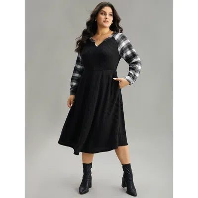 Bloomchic Women's Plus Size Rib Knit Plaid Patchwork Pocket Notched Dress Black Dailywear Patchwork 12/l
