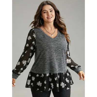 Bloomchic Women's Plus Size Rib Knit Plants Print Mesh T-shirt Blackflower Long Sleeve Everyday 14-16/1x