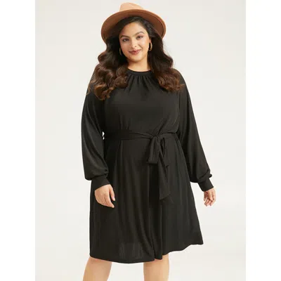 Bloomchic Women's Plus Size Rib Knit Solid Pocket Pleated Belted Dress Black Dailywear Plain 10/m