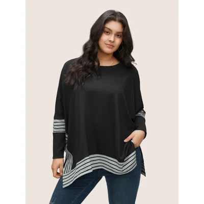 Bloomchic Women's Plus Size Rib Knit Striped Curved Hem Sweatshirt Black Striped Everyday 12/l