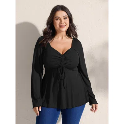 Bloomchic Women's Plus Size Ribbed Adjustable Drawstring Bodice Flared T-shirt Black Long Sleeve Elegant 30/6x