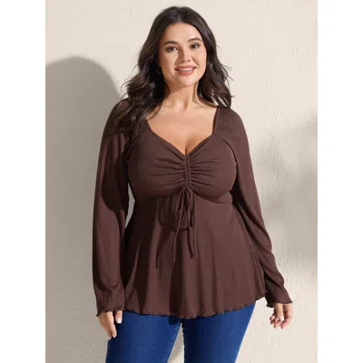 Bloomchic Women's Plus Size Ribbed Adjustable Drawstring Bodice Flared T-shirt Darkbrown Long Sleeve Elegant 1 In Brown