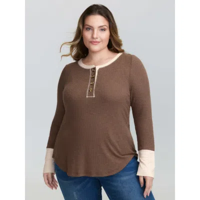 Bloomchic Women's Plus Size Ribbed Button Color Contrast T-shirt Browncoffeecolor Non Casual Long Sleeve 14-16