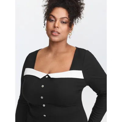 Bloomchic Women's Plus Size Ribbed Button Front Color Contrast Knit Top Black Long Sleeve Elegant 14-16/1x