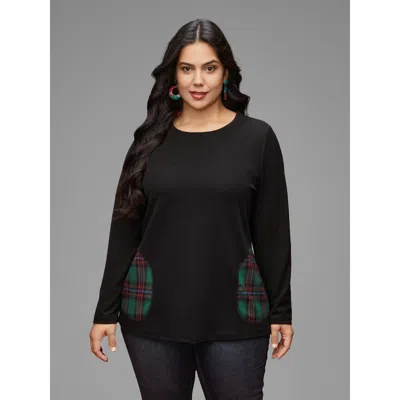 Bloomchic Women's Plus Size Ribbed Contrast Pocket Slim-fit Tee Black Non Everyday Extra Long Sleeve 10/m