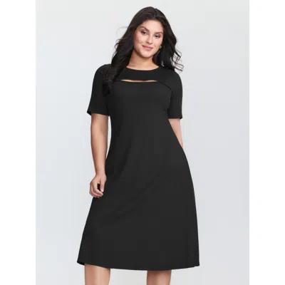 Bloomchic Women's Plus Size Ribbed Cut-out Neckline Midi Dress Black Synthetic Texture Midi Casual Texture 18-