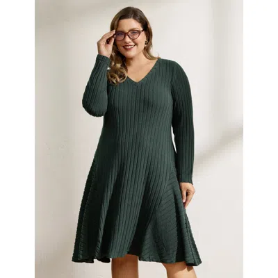Bloomchic Women's Plus Size Ribbed Fleece V-neck Knit Midi Dress Cyan Non Short Casual 10/m In Blue